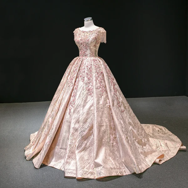Luxury / Gorgeous Rose Gold Prom Dresses 2020 Ball Gown Scoop Neck Sleeveless Appliques Flower Sequins Beading Tassel Court Train Ruffle Backless
