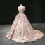 Luxury / Gorgeous Rose Gold Prom Dresses 2020 Ball Gown Scoop Neck Sleeveless Appliques Flower Sequins Beading Tassel Court Train Ruffle Backless