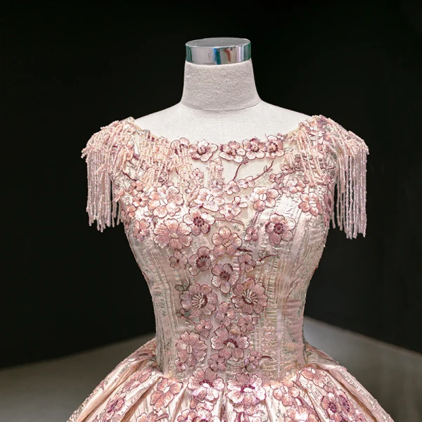 Luxury / Gorgeous Rose Gold Prom Dresses 2020 Ball Gown Scoop Neck Sleeveless Appliques Flower Sequins Beading Tassel Court Train Ruffle Backless