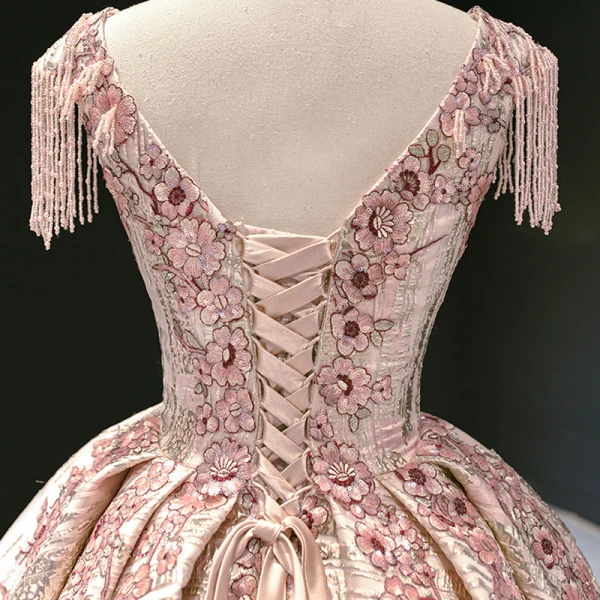 Luxury / Gorgeous Rose Gold Prom Dresses 2020 Ball Gown Scoop Neck Sleeveless Appliques Flower Sequins Beading Tassel Court Train Ruffle Backless