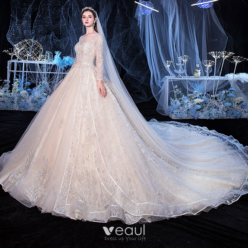 Glamorous Long Sleevess Tulle High Neck Bridal Gowns Appliques Wedding –  Ballbella