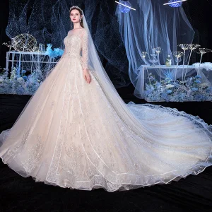 Beste Champagne Bryllups Brudekjoler 2020 Ballkjole Gjennomsiktig Firkantet Hals Langermede Ryggløse Appliques Blonder Beading Glitter Tyll Cathedral Train Buste