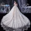 Meilleur Champagne La Mariée Robe De Mariée 2020 Robe Boule Transparentes Encolure Carrée Manches Longues Dos Nu Appliques En Dentelle Perlage Glitter Tulle Cathedral Train Volants