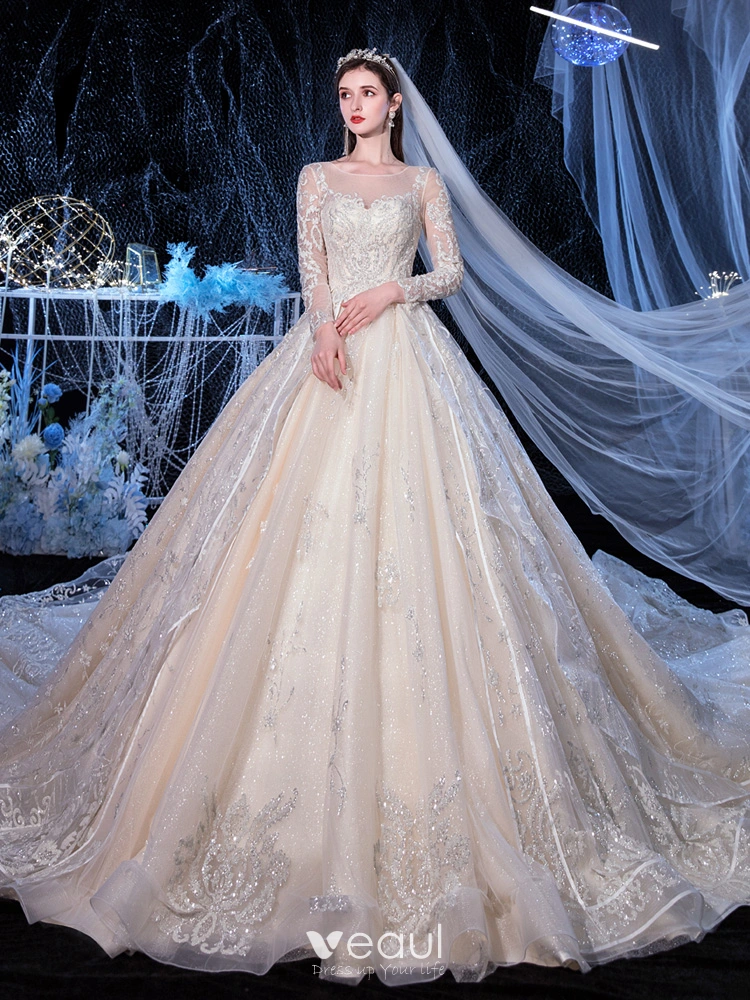 Best Champagne Bridal Wedding Dresses 2020 Ball Gown See-through Square  Neckline Long Sleeve Backless Appliques Lace Beading Glitter Tulle  Cathedral Train Ruffle