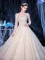 Meilleur Champagne La Mariée Robe De Mariée 2020 Robe Boule Transparentes Encolure Carrée Manches Longues Dos Nu Appliques En Dentelle Perlage Glitter Tulle Cathedral Train Volants
