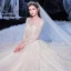 Meilleur Champagne La Mariée Robe De Mariée 2020 Robe Boule Transparentes Encolure Carrée Manches Longues Dos Nu Appliques En Dentelle Perlage Glitter Tulle Cathedral Train Volants