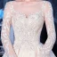 Meilleur Champagne La Mariée Robe De Mariée 2020 Robe Boule Transparentes Encolure Carrée Manches Longues Dos Nu Appliques En Dentelle Perlage Glitter Tulle Cathedral Train Volants