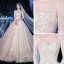 Meilleur Champagne La Mariée Robe De Mariée 2020 Robe Boule Transparentes Encolure Carrée Manches Longues Dos Nu Appliques En Dentelle Perlage Glitter Tulle Cathedral Train Volants