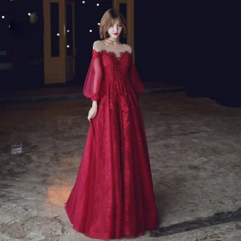 Style Victorien Bordeaux Robe De Soirée 2020 Princesse Transparentes Encolure Dégagée Gonflée 3 4 Manches Appliques En Dentelle Paillettes Perlage Longue Volants