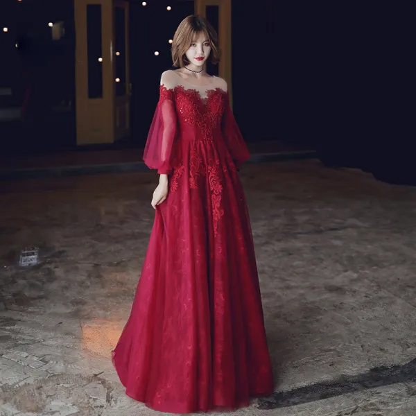 Victorian Style Burgundy Evening Dresses  2020 A-Line / Princess See-through Scoop Neck Puffy 3/4 Sleeve Appliques Lace Sequins Beading Floor-Length / Long Ruffle