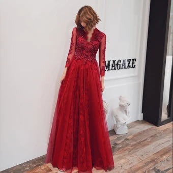 Mode Rouge Transparentes Robe De Soirée 2020 Princesse V Cou 3 4 Manches Appliques En Dentelle Perlage Longue Dos Nu Robe De Ceremonie