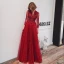 Mode Rouge Transparentes Robe De Soirée 2020 Princesse V-Cou 3/4 Manches Appliques En Dentelle Perlage Longue Dos Nu Robe De Ceremonie