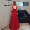 Mode Rot Durchsichtige Abendkleider 2020 A Linie V-Ausschnitt 3/4 Ärmel Applikationen Spitze Perlenstickerei Lange Rückenfreies Festliche Kleider