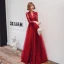 Mode Rouge Transparentes Robe De Soirée 2020 Princesse V-Cou 3/4 Manches Appliques En Dentelle Perlage Longue Dos Nu Robe De Ceremonie