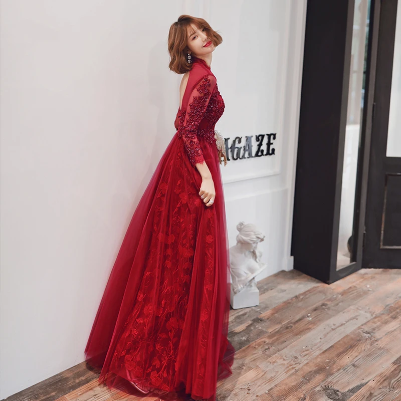open lace back dress Red Mermaid Long Sleeves Lace Bridesmaid Dresses, MBD231 main image 1