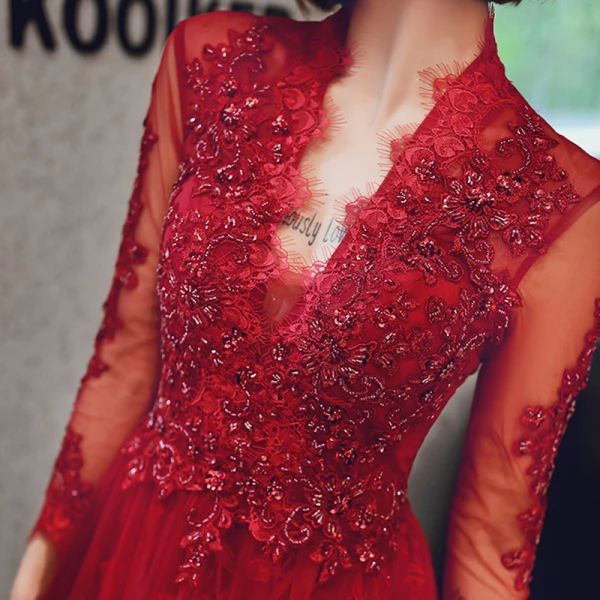 Mode Rouge Transparentes Robe De Soirée 2020 Princesse V-Cou 3/4 Manches Appliques En Dentelle Perlage Longue Dos Nu Robe De Ceremonie