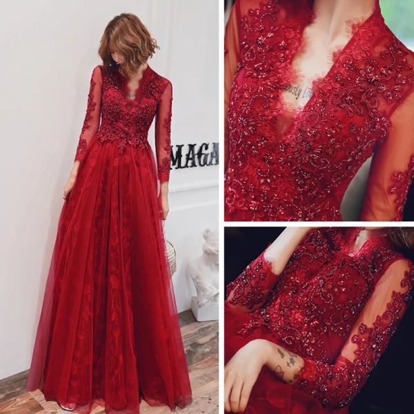 Mode Rouge Transparentes Robe De Soirée 2020 Princesse V-Cou 3/4 Manches Appliques En Dentelle Perlage Longue Dos Nu Robe De Ceremonie