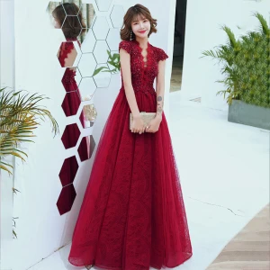 Mode Rouge Dentelle Transparentes Robe De Soirée 2020 Princesse V Cou Manches Courtes Perlage Longue Dos Nu Robe De Ceremonie