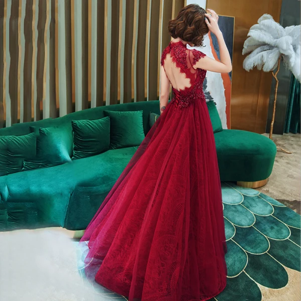 Fashion Red Lace See-through Evening Dresses  2020 A-Line / Princess V-Neck Short Sleeve Beading Floor-Length / Long Backless Formal Dresses