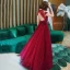 Fashion Red Lace See-through Evening Dresses  2020 A-Line / Princess V-Neck Short Sleeve Beading Floor-Length / Long Backless Formal Dresses