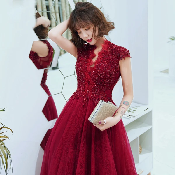Fashion Red Lace See-through Evening Dresses  2020 A-Line / Princess V-Neck Short Sleeve Beading Floor-Length / Long Backless Formal Dresses