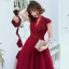 Fashion Red Lace See-through Evening Dresses  2020 A-Line / Princess V-Neck Short Sleeve Beading Floor-Length / Long Backless Formal Dresses