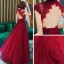 Fashion Red Lace See-through Evening Dresses  2020 A-Line / Princess V-Neck Short Sleeve Beading Floor-Length / Long Backless Formal Dresses