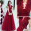 Fashion Red Lace See-through Evening Dresses  2020 A-Line / Princess V-Neck Short Sleeve Beading Floor-Length / Long Backless Formal Dresses