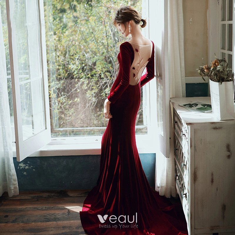 Elegant Burgundy Velour Evening Dresses 2020 Trumpet / Mermaid Scoop Neck  Long Sleeve Beading See-through Backless Sweep Train Formal Dresses