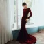 Élégant Bordeaux Velour Robe De Soirée 2020 Trompette / Sirène Encolure Dégagée Manches Longues Perlage Transparentes Dos Nu Train De Balayage Robe De Ceremonie