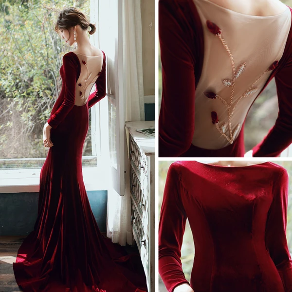 Élégant Bordeaux Velour Robe De Soirée 2020 Trompette / Sirène Encolure Dégagée Manches Longues Perlage Transparentes Dos Nu Train De Balayage Robe De Ceremonie