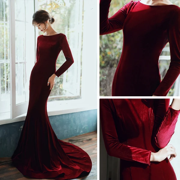 Élégant Bordeaux Velour Robe De Soirée 2020 Trompette / Sirène Encolure Dégagée Manches Longues Perlage Transparentes Dos Nu Train De Balayage Robe De Ceremonie