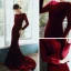 Élégant Bordeaux Velour Robe De Soirée 2020 Trompette / Sirène Encolure Dégagée Manches Longues Perlage Transparentes Dos Nu Train De Balayage Robe De Ceremonie