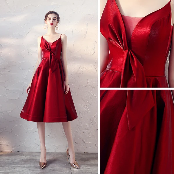 Sexy Rot Satin Heimkehr Abiballkleider 2020 A Linie Spaghettiträger Ärmellos Knielang Rüschen Rückenfreies Festliche Kleider