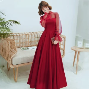 Style Victorien Bordeaux Transparentes Robe De Soirée 2020 Princesse Col Haut Gonflée Manches Longues Longue Volants Dos Nu Robe De Ceremonie