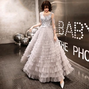 Chic Beautiful Grey Evening Dresses 2020 A Line Princess See Through Scoop Neck 3 4 Sleeve Appliques Lace Beading Floor Length Long Cascading Ruffles Formal Dresses