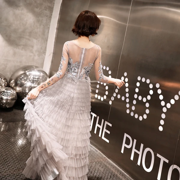 Chic / Beautiful Grey Evening Dresses  2020 A-Line / Princess See-through Scoop Neck 3/4 Sleeve Appliques Lace Beading Floor-Length / Long Cascading Ruffles Formal Dresses