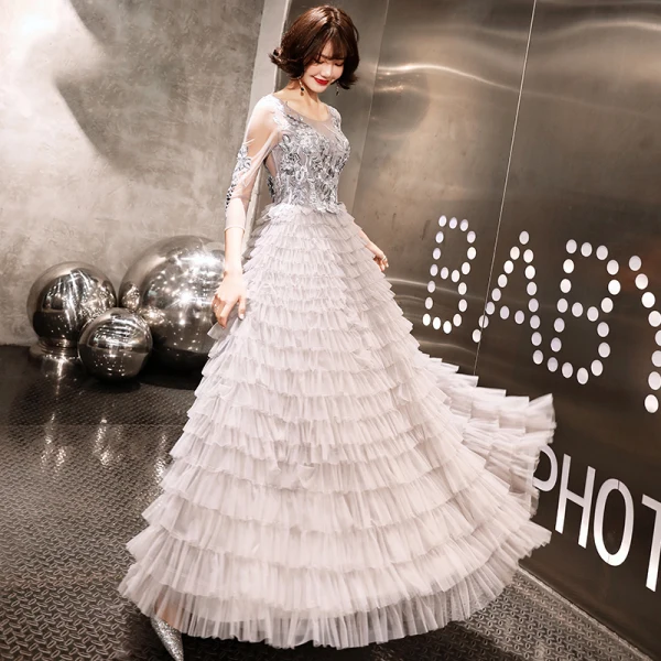 Chic / Beautiful Grey Evening Dresses  2020 A-Line / Princess See-through Scoop Neck 3/4 Sleeve Appliques Lace Beading Floor-Length / Long Cascading Ruffles Formal Dresses