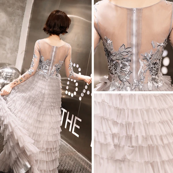 Chic / Beautiful Grey Evening Dresses  2020 A-Line / Princess See-through Scoop Neck 3/4 Sleeve Appliques Lace Beading Floor-Length / Long Cascading Ruffles Formal Dresses