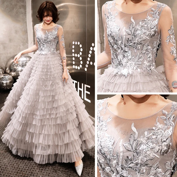 Chic / Beautiful Grey Evening Dresses  2020 A-Line / Princess See-through Scoop Neck 3/4 Sleeve Appliques Lace Beading Floor-Length / Long Cascading Ruffles Formal Dresses
