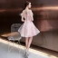 Fashion Blushing Pink See-through Homecoming Graduation Dresses 2020 A-Line / Princess Scoop Neck Short Sleeve Feather Appliques Flower Beading Short Ruffle Backless Formal Dresses
