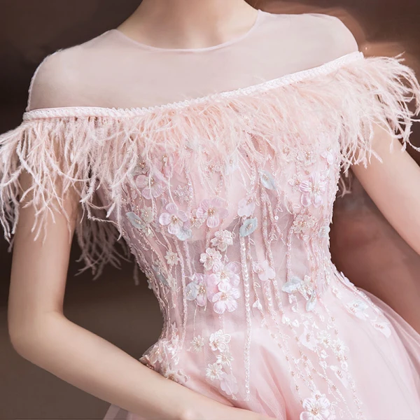 Fashion Blushing Pink See-through Homecoming Graduation Dresses 2020 A-Line / Princess Scoop Neck Short Sleeve Feather Appliques Flower Beading Short Ruffle Backless Formal Dresses