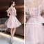 Fashion Blushing Pink See-through Homecoming Graduation Dresses 2020 A-Line / Princess Scoop Neck Short Sleeve Feather Appliques Flower Beading Short Ruffle Backless Formal Dresses