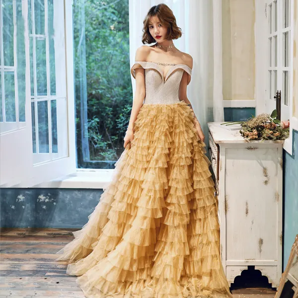 Chic / Beautiful Gold Evening Dresses  2020 A-Line / Princess Off-The-Shoulder Short Sleeve Glitter Tulle Floor-Length / Long Cascading Ruffles Backless Formal Dresses