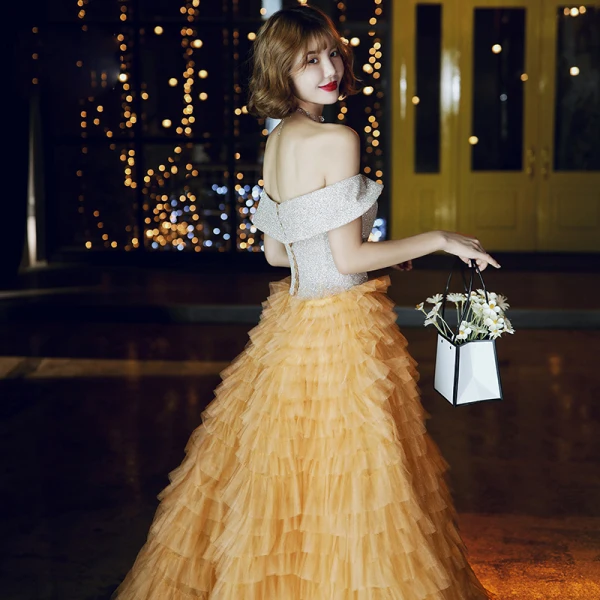 Chic / Beautiful Gold Evening Dresses  2020 A-Line / Princess Off-The-Shoulder Short Sleeve Glitter Tulle Floor-Length / Long Cascading Ruffles Backless Formal Dresses