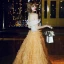 Chic / Beautiful Gold Evening Dresses  2020 A-Line / Princess Off-The-Shoulder Short Sleeve Glitter Tulle Floor-Length / Long Cascading Ruffles Backless Formal Dresses