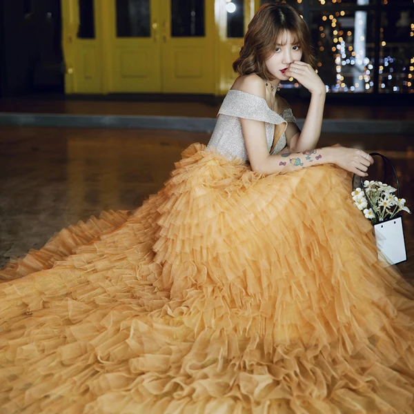 Chic / Beautiful Gold Evening Dresses  2020 A-Line / Princess Off-The-Shoulder Short Sleeve Glitter Tulle Floor-Length / Long Cascading Ruffles Backless Formal Dresses