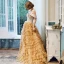 Chic / Beautiful Gold Evening Dresses  2020 A-Line / Princess Off-The-Shoulder Short Sleeve Glitter Tulle Floor-Length / Long Cascading Ruffles Backless Formal Dresses