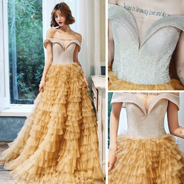 Chic / Beautiful Gold Evening Dresses  2020 A-Line / Princess Off-The-Shoulder Short Sleeve Glitter Tulle Floor-Length / Long Cascading Ruffles Backless Formal Dresses