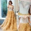 Chic / Beautiful Gold Evening Dresses  2020 A-Line / Princess Off-The-Shoulder Short Sleeve Glitter Tulle Floor-Length / Long Cascading Ruffles Backless Formal Dresses